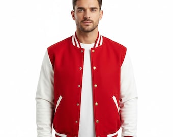 Men's Red Wool Blend Varsity Jacket with White Leather Sleeves – Classic Bomber Outerwear