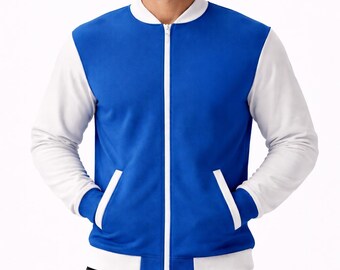 Men's Blue White Varsity Bomber Jacket | Fleece College Style Zip Up Outerwear