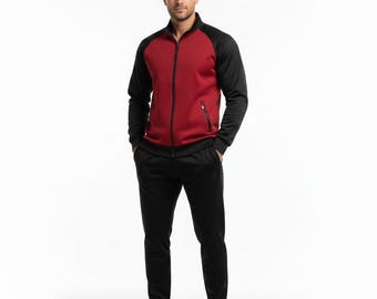 Men's Red Black Color Block Tracksuit Set, Full Zip Athletic Jacket Joggers