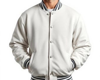Men's White Varsity Bomber Jacket: Vintage Letterman Baseball Coat, Oversized Streetwear Style
