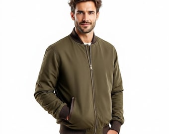 Men's Olive Green Lightweight Bomber Jacket – Zip-Up Flight Outerwear Ribbed Cuffs