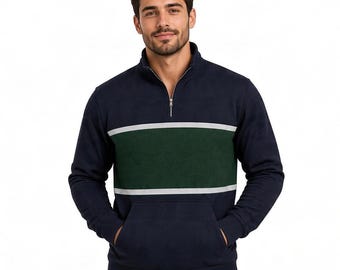 Pullover voor heren met halve rits, marineblauw en groen met kleurblokken, fleece met kwartrits, gestreept casual sporttopje, unisex winter