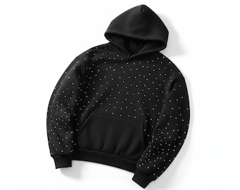 Handmade Black Rhinestone Hoodie Sparkling Crystal Studded Cozy Glitter Pullover Sweatshirt