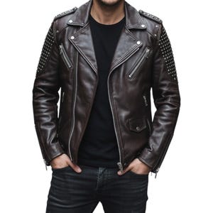 Giacca da uomo in pelle borchiata fatta a mano – Cappotto da motociclista punk rock – Moda streetwear da motociclista per lui
