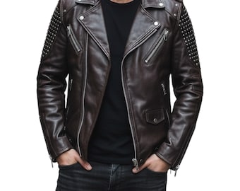 Handmade Men’s Studded Leather Jacket – Punk Rock Motorcycle Coat – Streetwear Biker Fashion for Him