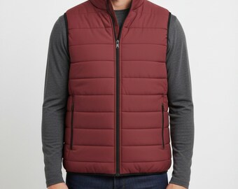 Men’s Maroon Puffer Vest – Lightweight Quilted Zip-Up Gilet – Winter Sleeveless Jacket