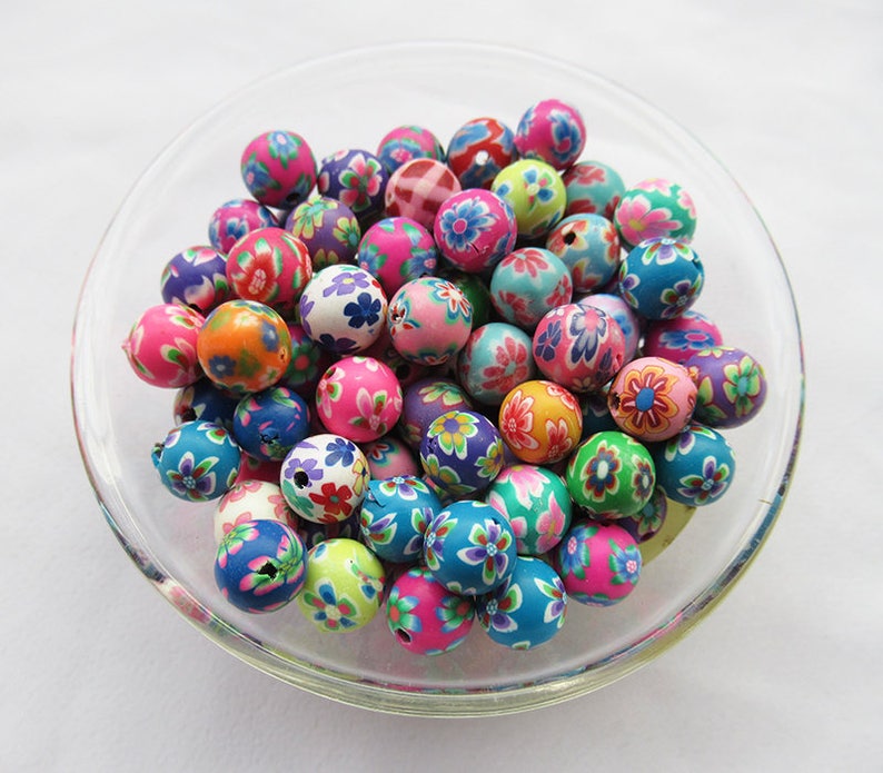 20pcs Polymer Clay Beads 7mm Round Flower Beads Assorted Color Etsy