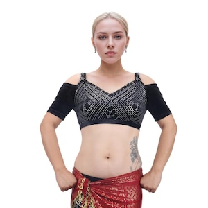 Choli de danza del vientre de terciopelo: estampado metalizado de imitación de traje, top con hombros descubiertos