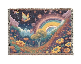 Pixel Butterfly Rainbow Meadow Woven Blanket | Retro Cottagecore Tapestry Throw