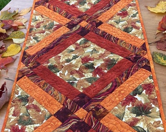 Quilted Table Runner "Fall Leaves" in Shades of Orange, Gold and Rust