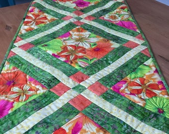 Quilted Table Runner "Petunia Garden" in Orange, Pink, Yellow and Lime Green