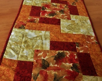 Quilted Tablerunner in Burnt Orange, Maroon, Gold Metallic and a Touch of Olive Green