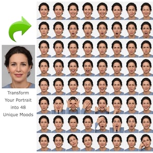 May include: A composite image showing a woman's portrait next to 48 variations of her face, each displaying a different emotion. The text reads, "Transform Your Portrait into 48 Unique Moods."