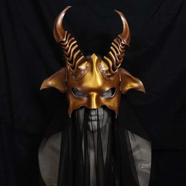 Leather mask of satyr, goat horned, faun, devil in gold