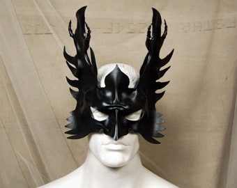 Leather mask of black horned owl, fantasy dark phoenix bird