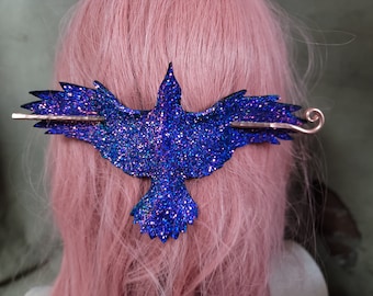Raven hair stick in color shifting violet-mauve glitter leather