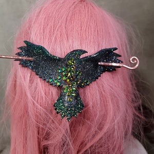 Leather Raven hair stick in nebula crystal with forged copper