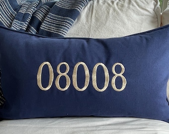 Embroidered NJ Zip Code Pillow LBI Navy Canvas Lumbar Pillow
