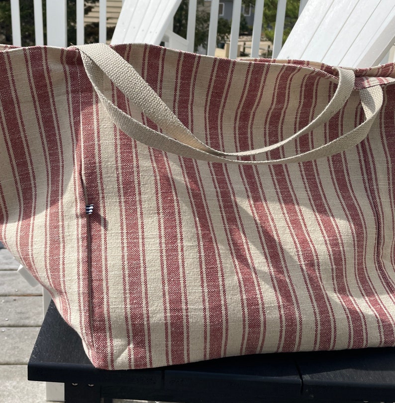 Grain Sack Market Bag Tote Beach Bag Large Striped Tote Bag image 8