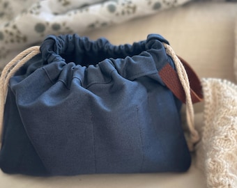 Canvas Knitting Project Bag Navy Canvas Monogrammed Drawstring Tote with Leather Straps
