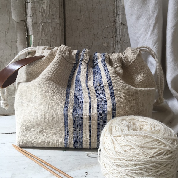 Grain Sack Knitting Project Bag Vintage Fabric Bag Leather Strap Drawstring Tote