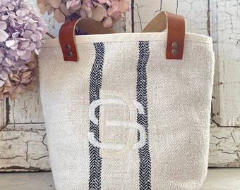 Grainsack Tote Mini Tote Bag Small Grain sack Tote Everyday Tote Black Stripe Tote