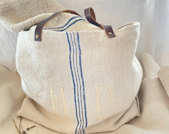 Grain Sack Tote Bag Grain Sack Bag blue white tote monogram tote bag monogram bag
