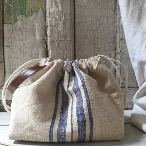 Project Bag Knitting Tote Gift For Knitter knitting Bag drawstring tote leather strap grain sack bag image 5