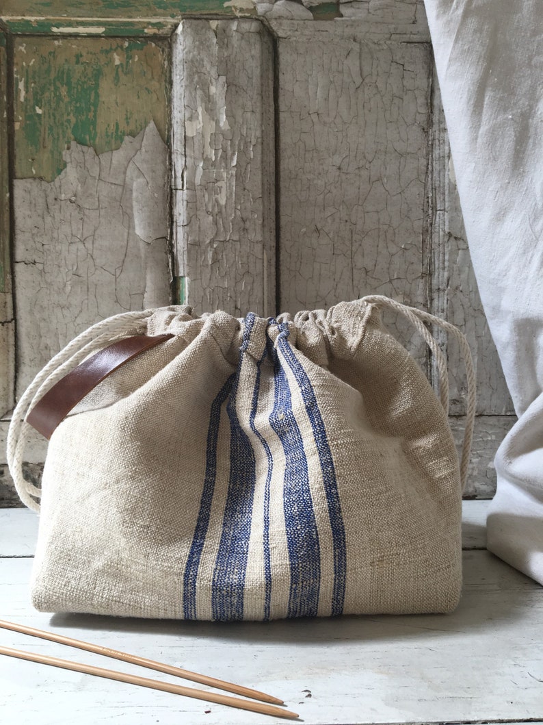 Project Bag Knitting Tote Gift For Knitter knitting Bag drawstring tote leather strap grain sack bag image 5