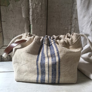 Project Bag Knitting Tote Gift For Knitter knitting Bag drawstring tote leather strap grain sack bag image 6