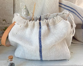 Knitting Project Bag Grain sack fabric Drawstring Tote with Leather Strap