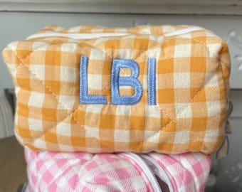 Gingham Cosmetic Pouch LBI Embroidered Zip Makeup Bag