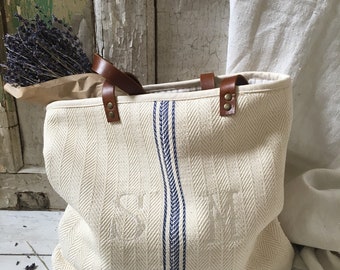 Grain Sack Tote Bag Grain Sack Bag blue white tote monogram tote bag monogram bag