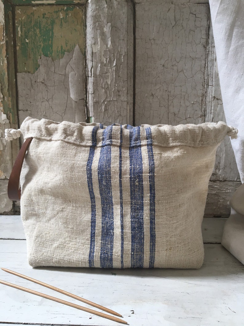 Project Bag Knitting Tote Gift For Knitter knitting Bag drawstring tote leather strap grain sack bag image 7