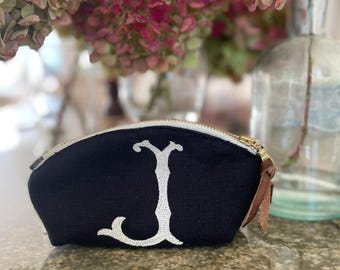 Black Linen Pouch Embroidered Monogram Personalized Travel Zipper Bag