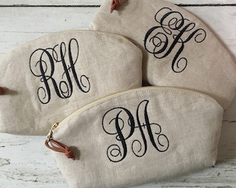 Linen Zip Pouch: Personalized Makeup Bag, Leather Pull