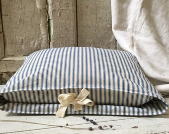 Blue Stripe Ticking Pillow Cover: Farmhouse Throw Pillow