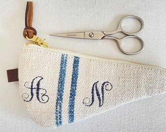 Scissors Pouch, Grainsack Fabric Ticking Lining Personalized Gift