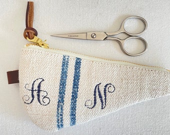 Scissors pouch personalized gift for knitter  monogram scissors cover heirloom scissors pouch grain sack pouch ticking pouch