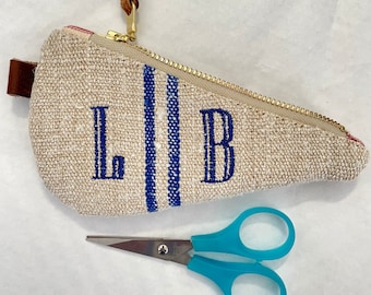 Scissors pouch personalized gift for knitter  monogram scissors cover heirloom scissors pouch grain sack pouch ticking pouch