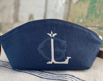 Linen Navy Cosmetic Bag  Purse Pouch Embroidered Monogram