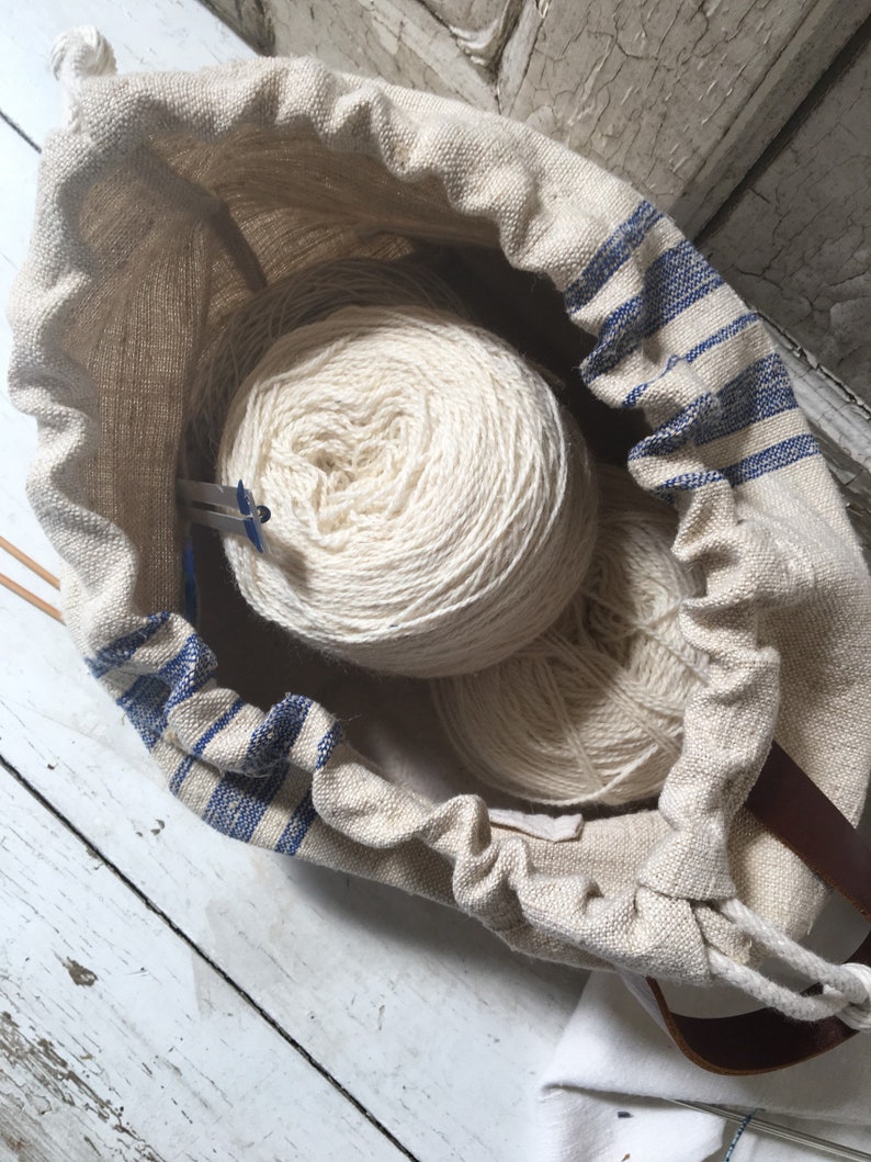 Project Bag Knitting Tote Gift For Knitter knitting Bag drawstring tote leather strap grain sack bag image 2