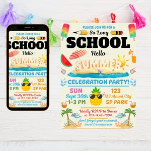 EDITABLE Back of School Party Invitation Hello School So Long Summer Bash, End of School Party Invitation, Out  Sun Summer Party,
