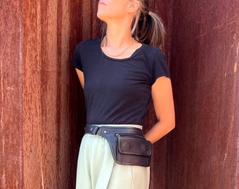 Leather Fanny Pack Utility Belt Bag Hip Pouch and Travel Belt in Black