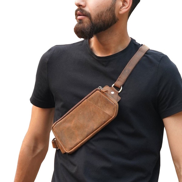 Small Chest Bag Leather Crossbody Sling Bag in Brown