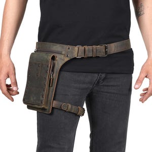 Brauner Leder-Beinholster, Oberschenkeltasche, Allzweckgürtel für Abenteuer und Aktivität - Einstellbar von 84 bis 112 cm - Für Reisen, den täglichen Gebrauch und Festivals