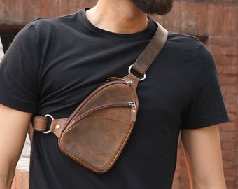 Mens Crossbody Bag Sling Bag Man Travel Chest Bag in Brown