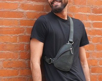 Leather Chest Bag Black Travel Purse Man Cross Body Bag Sling