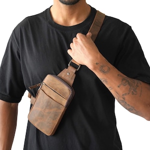 Leather Crossbody Bag Sling Chest Bag Travel Bag in Brown Etsy UK