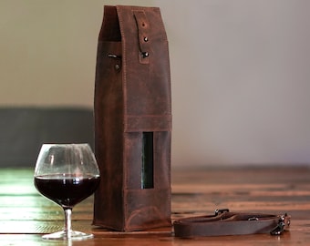 Wine Bag Real Leather Wine Bottle Carrier Caddy Tote in Brown